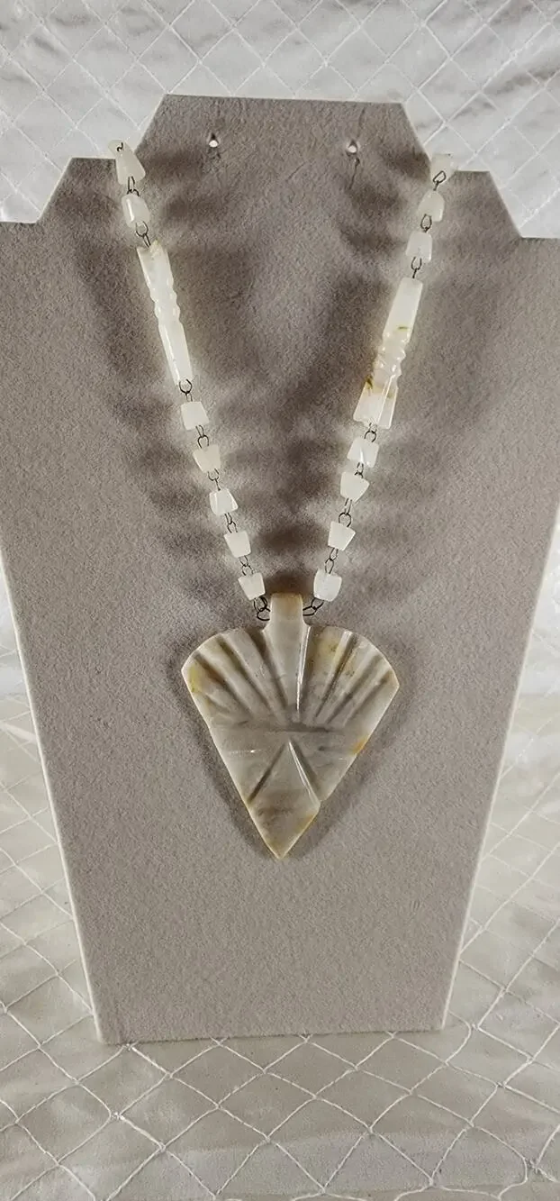 Vintage Carved Alabaster Stone Necklace Large GeometricPendant Mexican Style 16